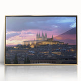 Framed acrylic artwork showcasing a stunning landscape with a castle surrounded by lush greenery, highlighted in gold accents, ideal for home decor.