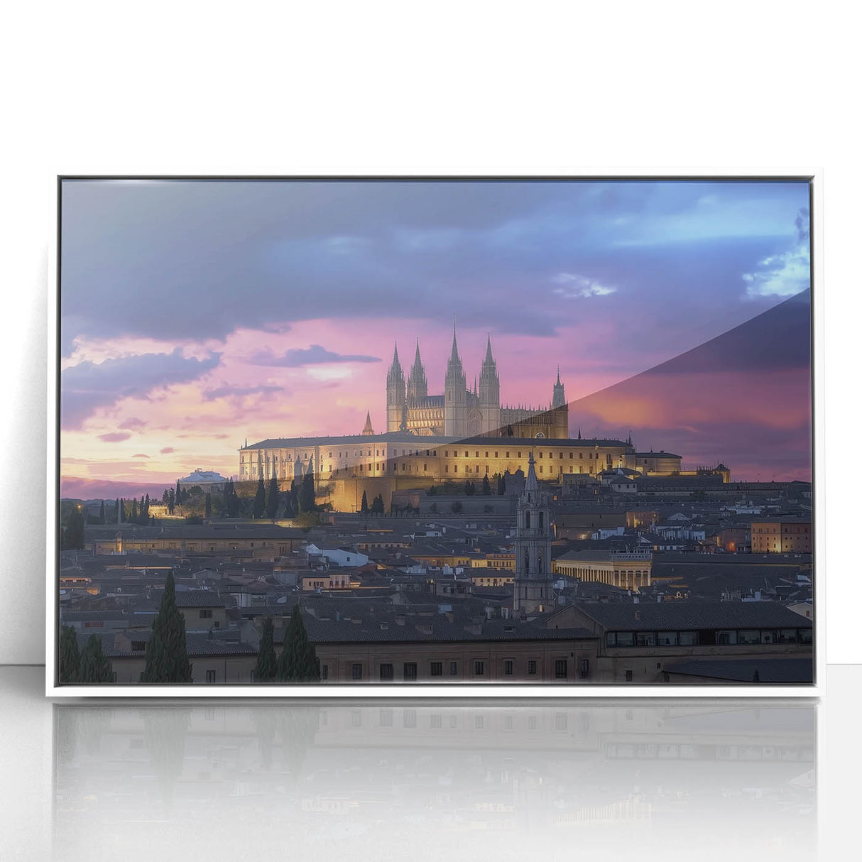 Framed acrylic artwork depicting a serene landscape with a majestic castle, showcasing vibrant colors and intricate details, perfect for home decor enhancement.
