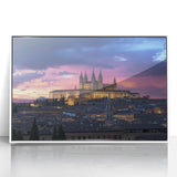 Framed acrylic artwork depicting a serene landscape with a majestic castle, showcasing vibrant colors and intricate details, perfect for home decor enhancement.