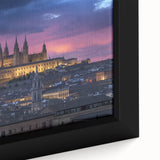 Close-up of a framed canvas print depicting a serene landscape with a majestic castle surrounded by lush greenery, showcasing vibrant colors and intricate details, perfect for home decor.