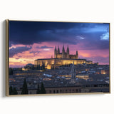 Framed canvas artwork depicting a serene landscape with a majestic castle, featuring a gold frame that enhances the elegant design, perfect for home decor.