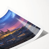 Rolled print showcasing a stunning landscape of a medieval castle surrounded by lush greenery, featuring vibrant colors and intricate details, perfect for home decor.