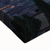 Close-up of a stretched canvas artwork depicting a serene landscape with a majestic castle set against a vibrant sunset, showcasing rich colors and intricate details. Ideal for home decor enthusiasts and art lovers.