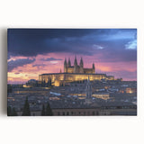 Stretched canvas artwork showcasing a vibrant landscape with a majestic castle surrounded by lush greenery, perfect for home or office decor.