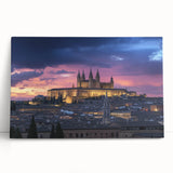 Stretched canvas artwork depicting a picturesque landscape with a medieval castle surrounded by lush greenery, perfect for home decor and interior design enthusiasts.