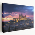 Stretched canvas artwork depicting a serene landscape with a majestic castle, highlighting vibrant colors and intricate details, ideal for home decor.