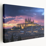 Stretched canvas artwork depicting a serene landscape with a majestic castle, highlighting vibrant colors and intricate details, ideal for home decor.