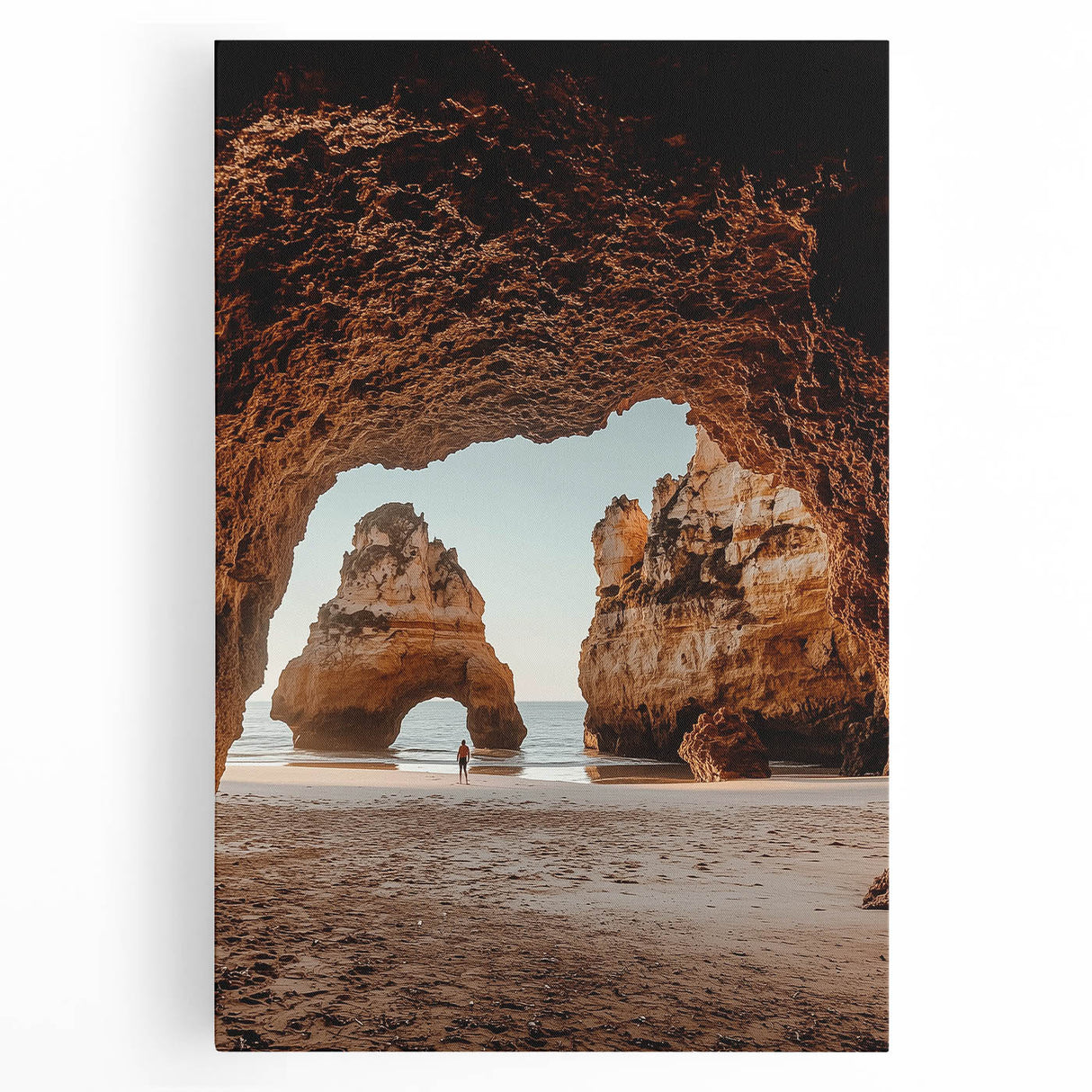 Stretched canvas artwork depicting a serene landscape with caves, featuring earthy tones and intricate details, perfect for home decor or art enthusiasts.