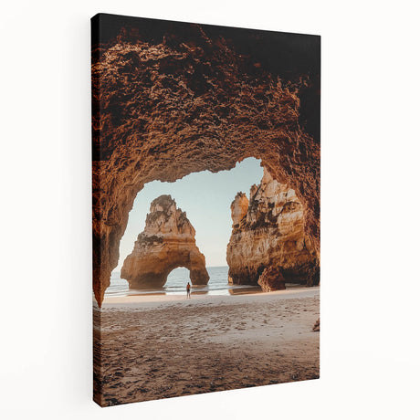 Stretched canvas artwork depicting an intricate landscape scene with cave formations, showcasing earthy tones and detailed textures, perfect for enhancing home decor.