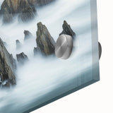 Close-up of a vibrant acrylic landscape artwork depicting colorful cliffs and serene skies, showcasing intricate details and a glossy finish, ideal for modern decor.