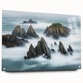 Acrylic wall art depicting a vibrant landscape of cliffs, showcasing intricate colors and textures, presented in a side view with decorative pins. Ideal for modern home decor.