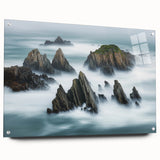 Acrylic wall art depicting a vibrant landscape of cliffs, showcasing intricate colors and textures, presented in a side view with decorative pins. Ideal for modern home decor.