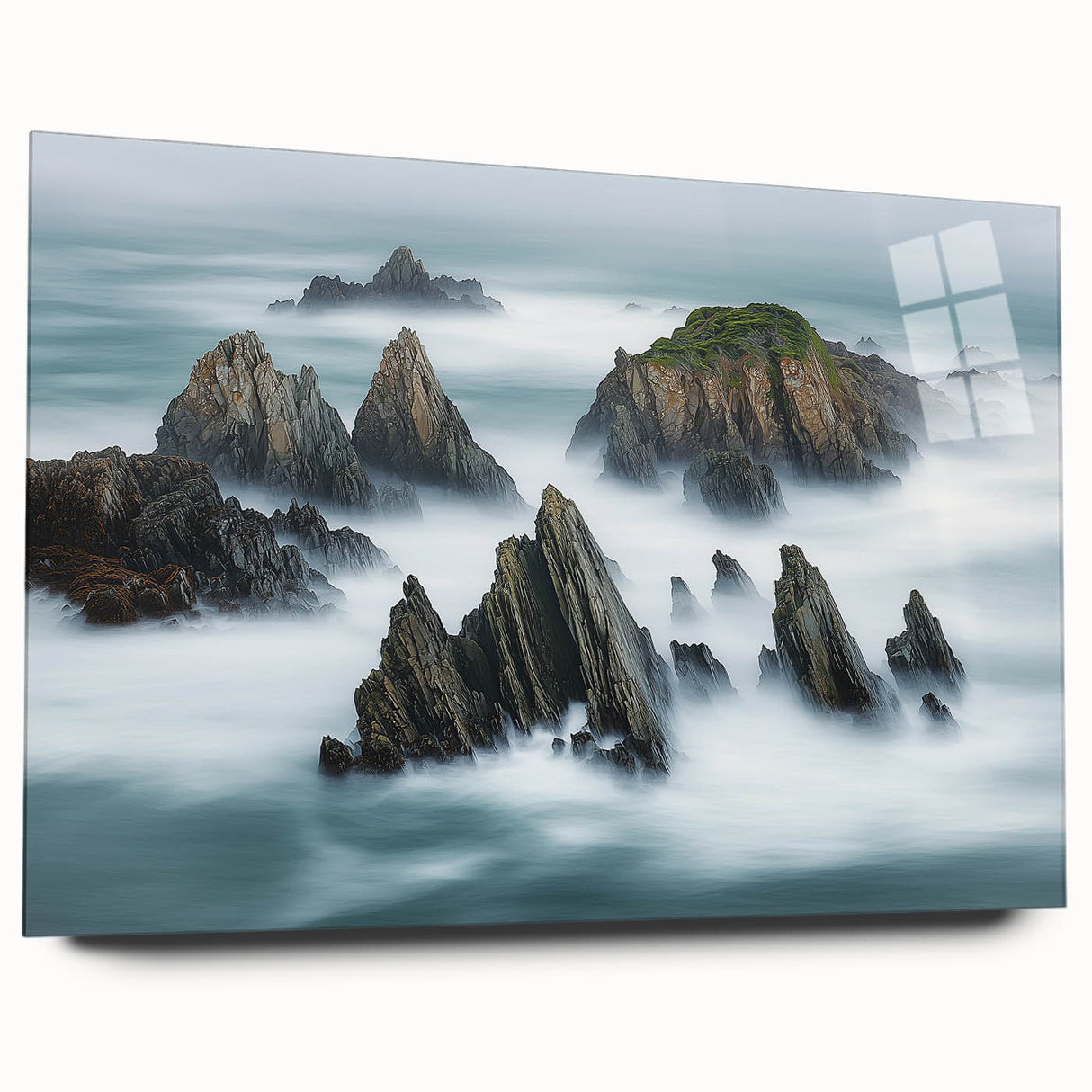 Stunning acrylic landscape artwork showcasing dramatic cliffs against a vibrant sunset sky, presented in a sleek glass frame, ideal for modern home decor.