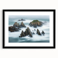 Framed landscape artwork depicting dramatic cliffs in a serene setting, featuring a black mat and sleek frame, ideal for modern home decor.