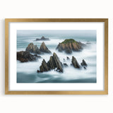 Framed landscape print showcasing dramatic cliffs with a gold mat border, ideal for home decor, enhancing any room's aesthetic with natural beauty.