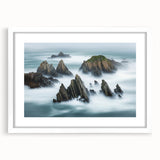 Framed landscape artwork depicting dramatic cliffs with a white mat, showcasing natural beauty and perfect for home or office decor. Ideal for nature lovers.