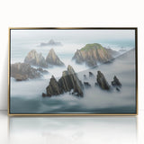 Framed acrylic artwork showcasing a stunning landscape of cliffs with vibrant colors and gold accents, ideal for enhancing modern home decor aesthetics.