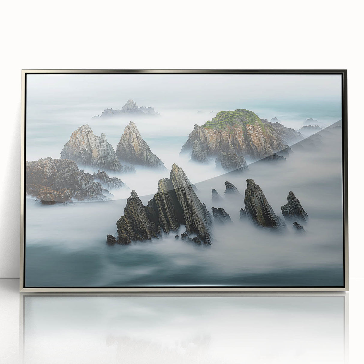 Framed acrylic artwork depicting stunning cliffs in a vibrant landscape, showcasing rich colors and intricate details, ideal for modern home decor.