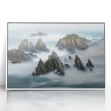 Framed acrylic artwork depicting a breathtaking landscape of rugged cliffs against a serene sky, ideal for enhancing modern home decor with its vibrant colors and captivating detail.