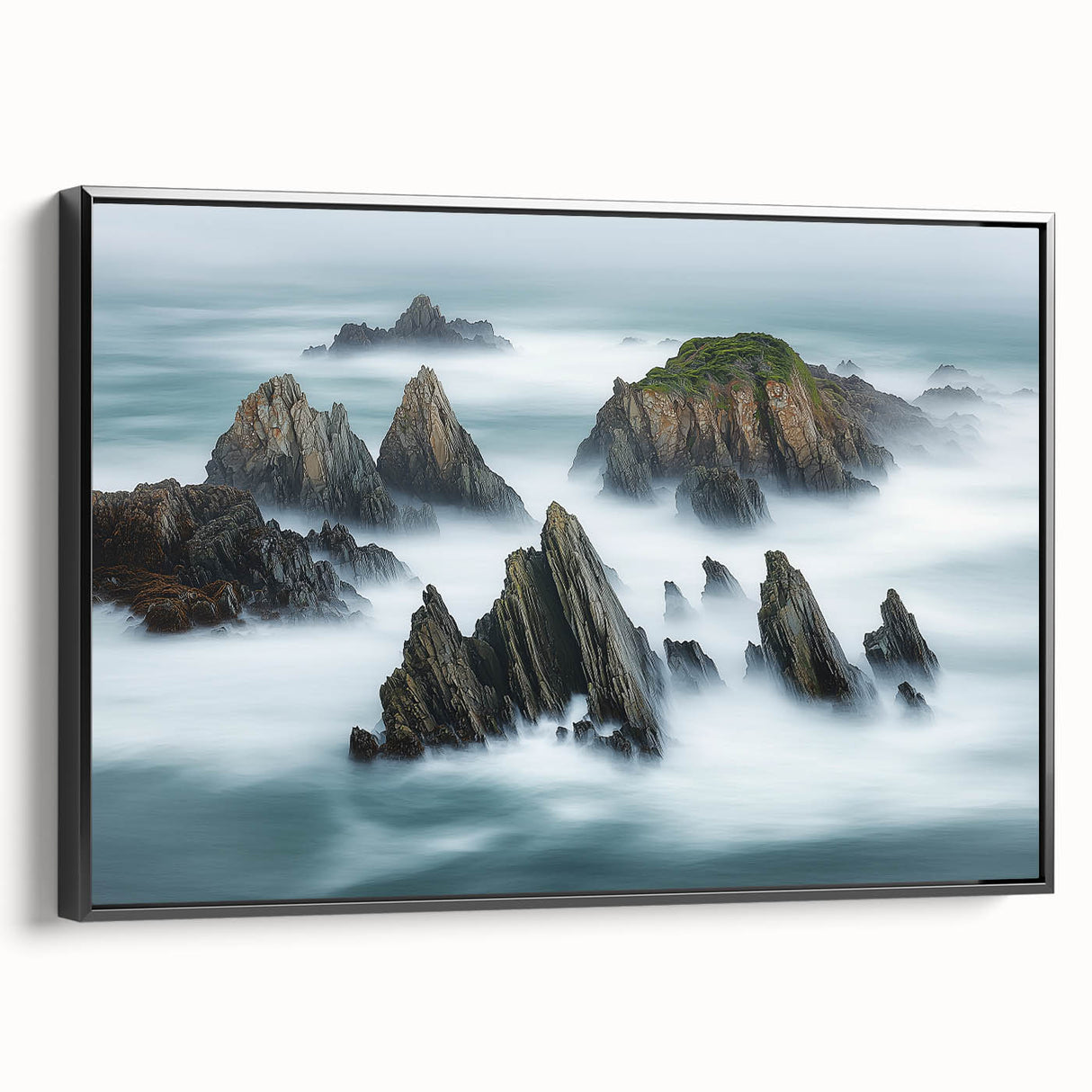 Framed canvas artwork depicting a stunning cliff landscape with vibrant colors, featuring black framing, ideal for home decor in modern settings. Perfect for nature enthusiasts and art collectors.