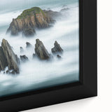 Close-up of a framed canvas artwork depicting majestic cliffs under a vibrant sunset, showcasing rich colors and intricate textures, ideal for modern home decor.