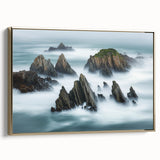 Framed canvas art showcasing a stunning landscape of cliffs, featuring rich colors and gold accents, ideal for modern home decor and interior design enthusiasts.
