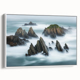 Framed canvas artwork depicting a serene landscape with dramatic cliffs and a calming ocean view, showcasing vibrant colors and intricate details, perfect for enhancing home decor.