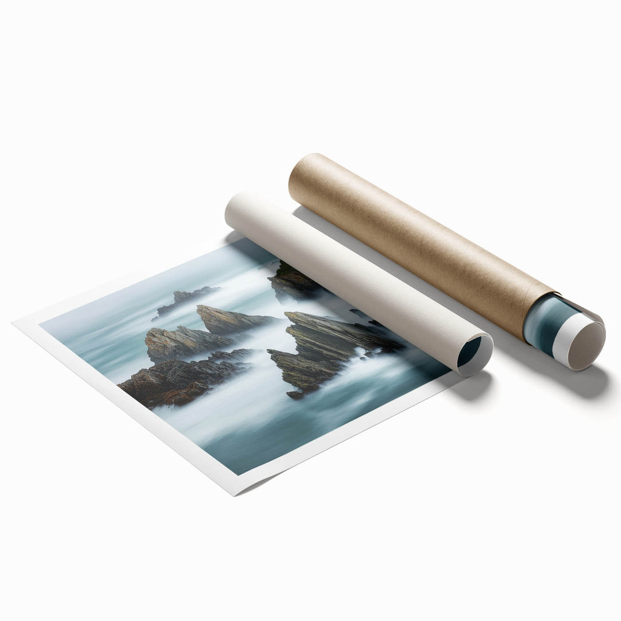 Stunning rolled print of dramatic cliff landscapes, showcasing vibrant colors and intricate details, packaged securely in a protective cardboard tube for delivery.