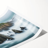 Vibrant rolled canvas print showcasing a stunning landscape of rugged cliffs and serene ocean waves, ideal for home decor or art enthusiasts, packaged securely in a protective tube.
