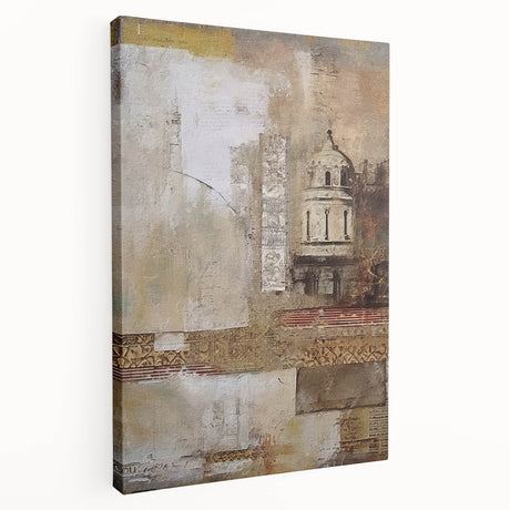 Abstract architecture wall art on a stretched canvas, showcasing geometric shapes and vibrant colors, perfect for modern home decor. Side view highlights the canvas edges and craftsmanship.