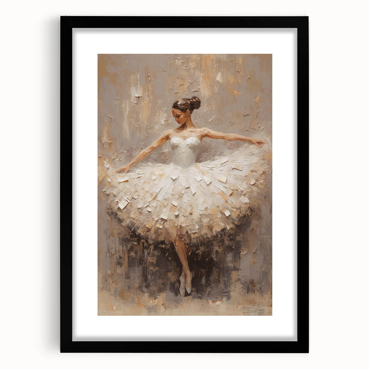 Abstract figurative wall art framed with a black mat, showcasing vibrant colors and dynamic shapes, perfect for modern home decor and artistic expression.