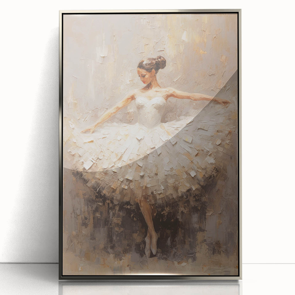 Framed abstract figurative wall art in silver acrylic, showcasing dynamic shapes and vibrant colors, ideal for modern home decor and artistic expression.