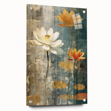 Abstract floral wall art displayed in acrylic glass, showcasing vibrant colors and intricate patterns, secured with decorative pins for a modern aesthetic.