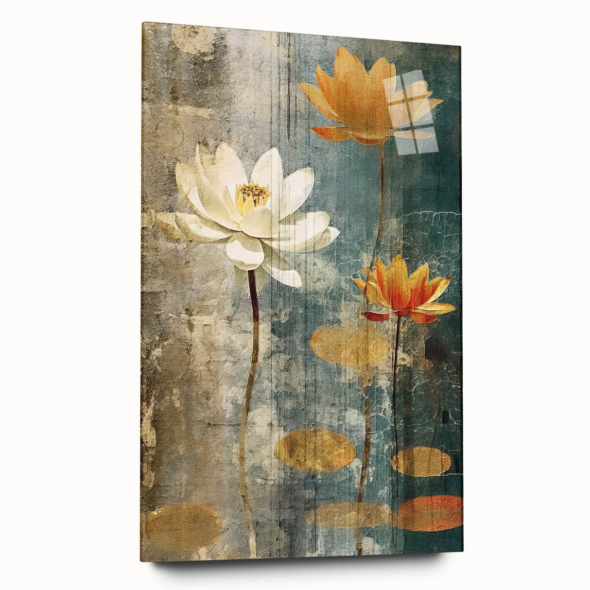 Abstract floral wall art design printed on acrylic glass, showcasing vibrant colors and intricate patterns, elegantly displayed in a side view without pins. Perfect for modern home decor.