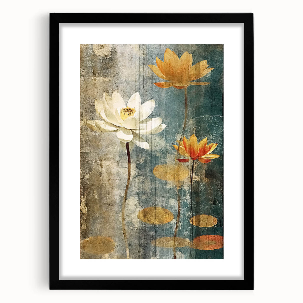 Abstract floral wall art framed in black with a white mat, showcasing vibrant colors and intricate designs, ideal for modern home decor.