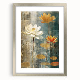 Abstract floral wall art framed in silver with a white mat, showcasing vibrant colors and intricate designs, perfect for modern home decor and artistic accents.