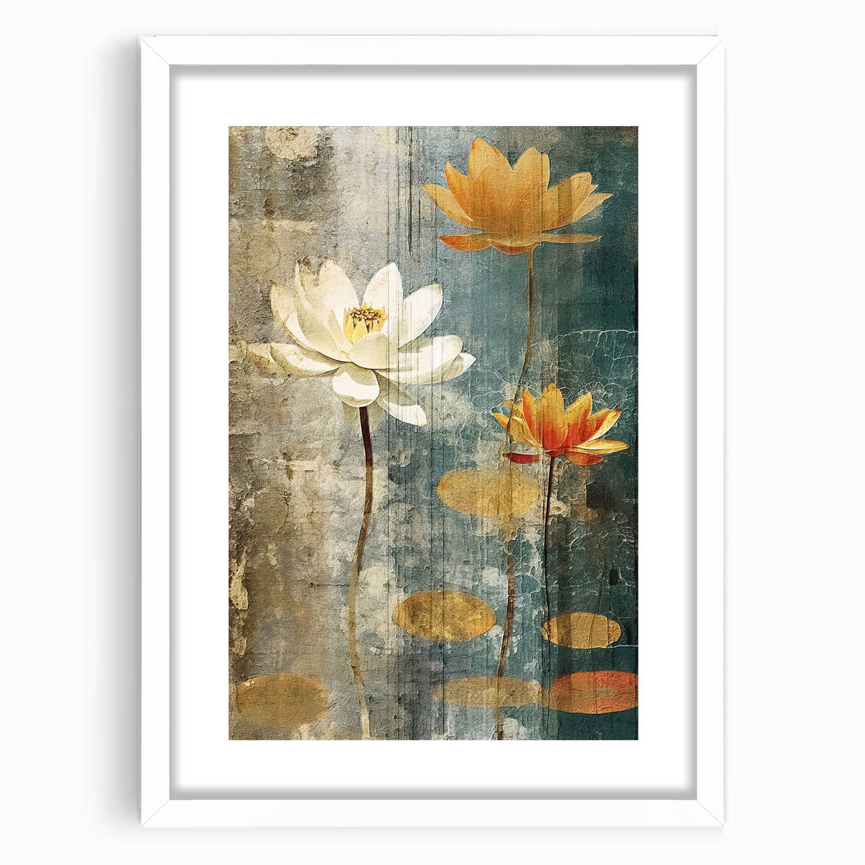 Abstract floral wall art framed in white, showcasing vibrant colors and intricate patterns, ideal for modern home decor. Perfect for adding a touch of elegance to any room.