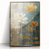 Framed abstract floral wall art with vibrant colors and gold accents, showcasing a modern design suitable for contemporary home decor. Perfect for adding elegance to living spaces.