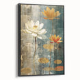 Framed canvas wall art showcasing abstract floral designs in soft pinks, greens, and blues, displayed against a sleek black frame, perfect for modern decor.