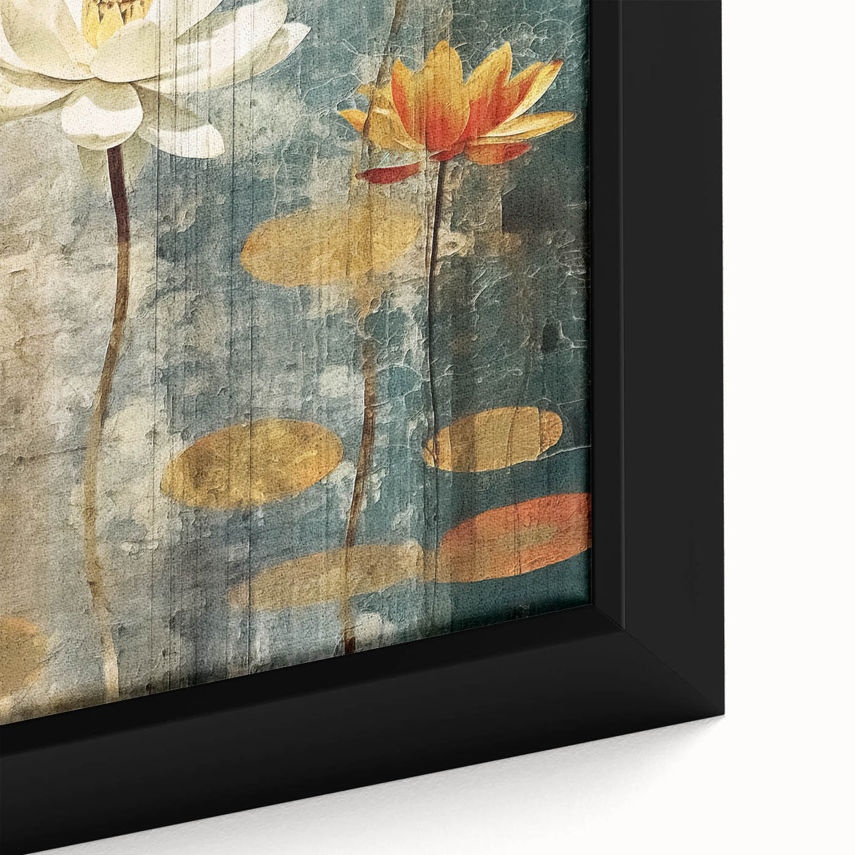 Close-up of framed abstract floral wall art showcasing vibrant colors of pink, yellow, and green, highlighting intricate details and textures, perfect for home decor.
