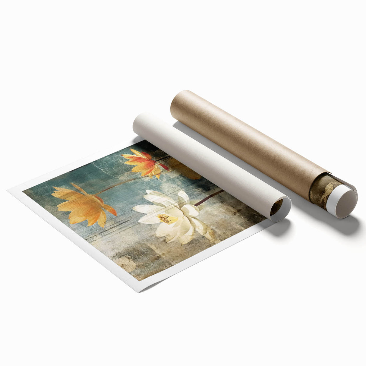Abstract floral wall art print showcasing vibrant colors of pink, blue, and yellow, ideal for home decor, presented in a rolled format for easy display.