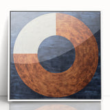 Framed acrylic artwork showcasing an abstract geometric design in a modern white frame, perfect for contemporary home decor. This piece adds a stylish touch to any room.