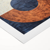 Abstract geometric rolled canvas featuring vibrant blue, orange, and gold patterns, stylishly packaged in a durable cardboard tube, perfect for modern decor.