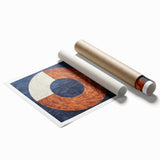 Abstract geometric rolled print showcasing vibrant colors and intricate shapes, elegantly packaged in a protective cardboard tube for safe delivery. Ideal for modern home decor.