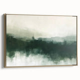 Framed abstract landscape wall art featuring gold accents, showcasing a modern design with a side view. Ideal for enhancing contemporary home decor.