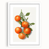 Abstract art print featuring assorted fruits in vibrant colors, framed with a white mat, ideal for dining room decor.