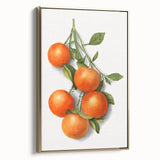 Framed canvas wall art featuring a vintage poster of various fruits in muted earth tones, ideal for bedroom decor.