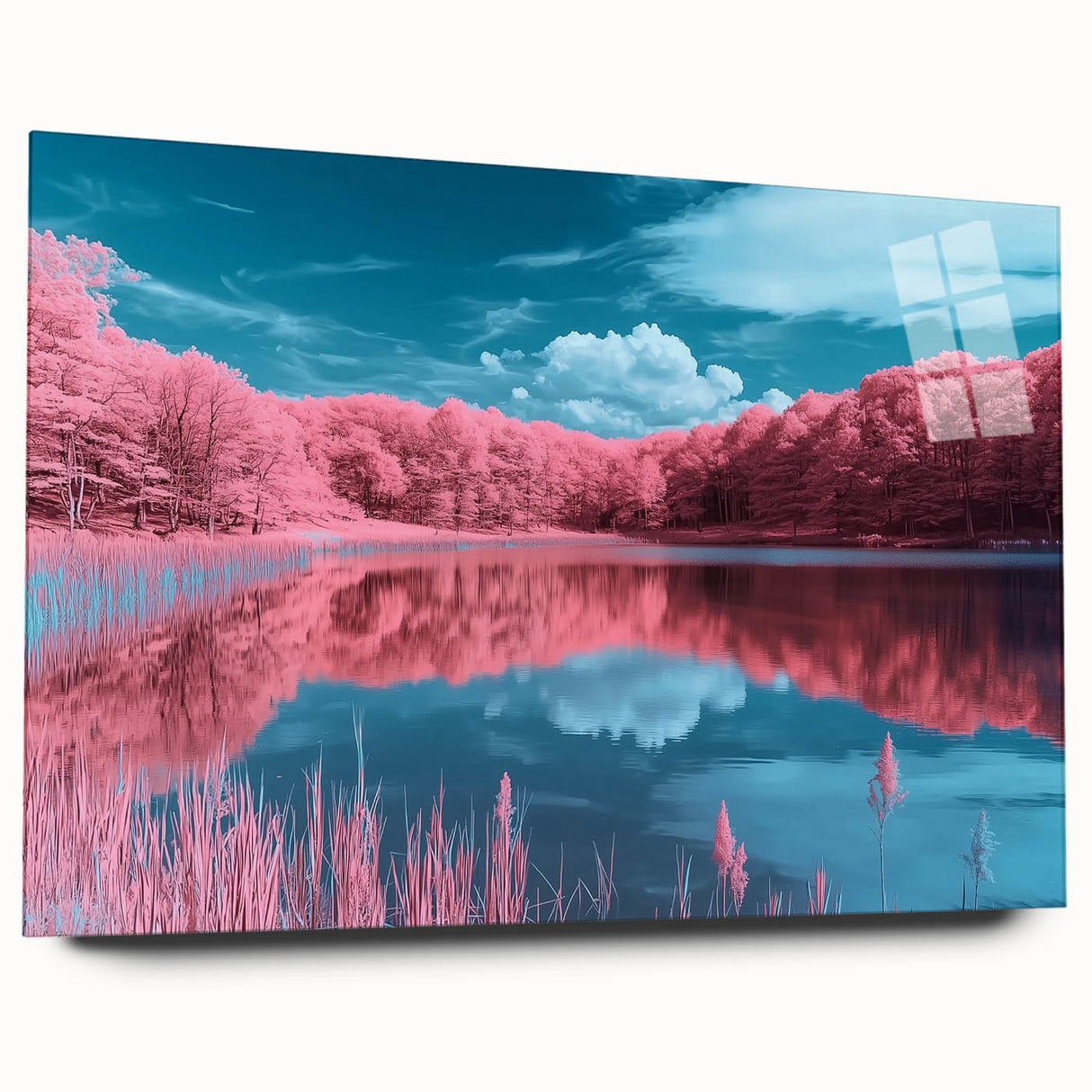 Acrylic landscape artwork showcasing a serene beach scene, displayed in a sleek glass frame from a side view, emphasizing vibrant colors and fine details. Perfect for coastal home decor.