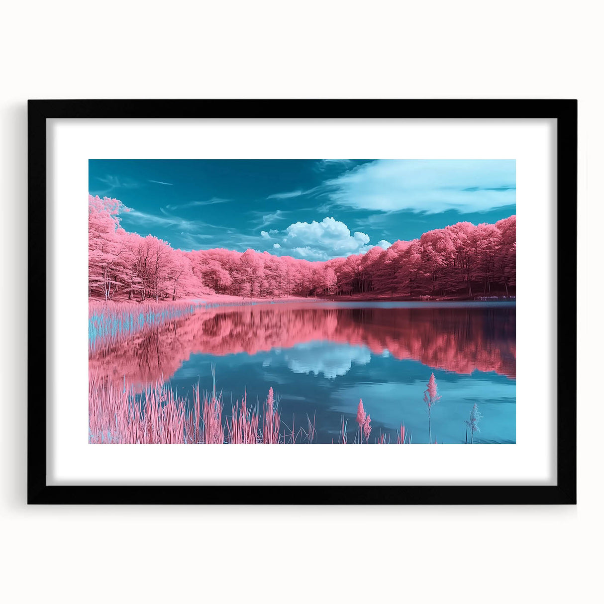 Black-framed landscape artwork depicting serene beaches with soft waves and a vibrant sunset, elegantly matted, ideal for coastal home decor.