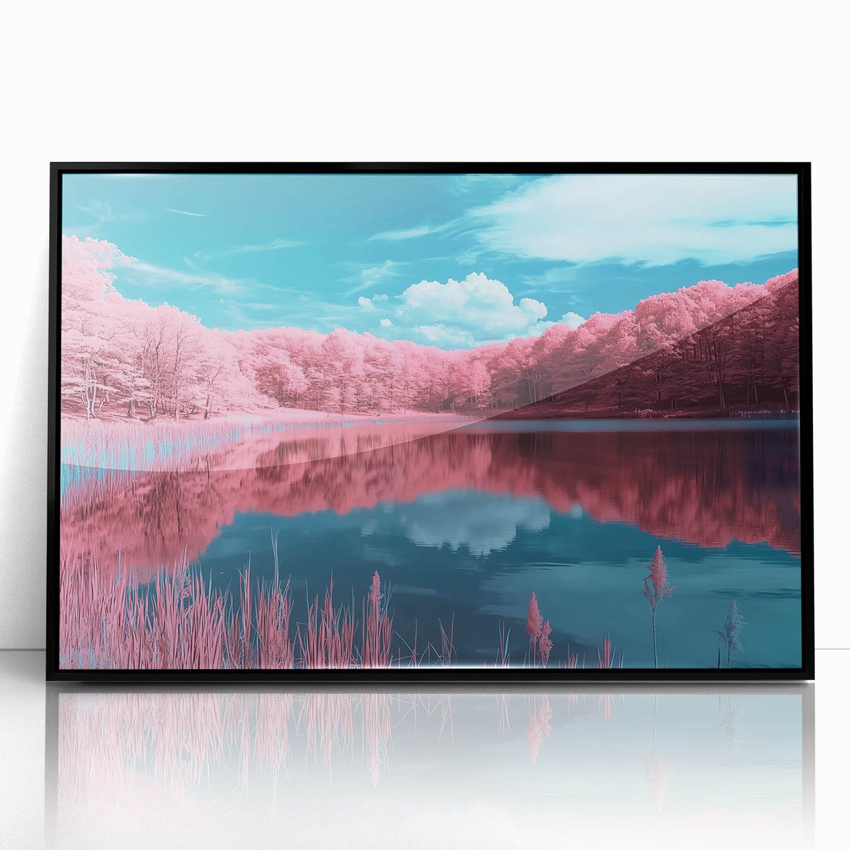 Framed acrylic artwork showcasing a serene beach landscape with vibrant colors, featuring a black frame that enhances the coastal scene, perfect for home decor.